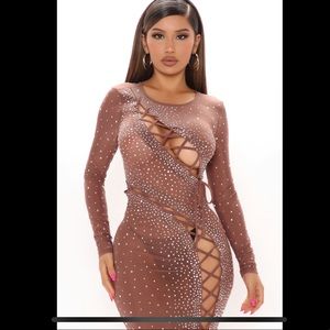 Crystal Embellished Midi Mesh Dress - Brown